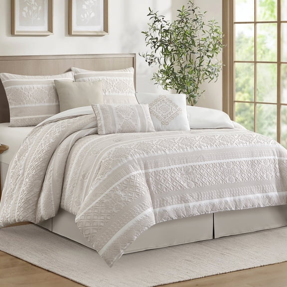 LANCO MODERN LIFESTYLE 7 Piece Queen Comforter Set, Beige, Elegant Jacquard with Patchwork, Stylish and Cozy Bedding Collection, Premium Bedding Set with Bedskirt, Shams and Pillows