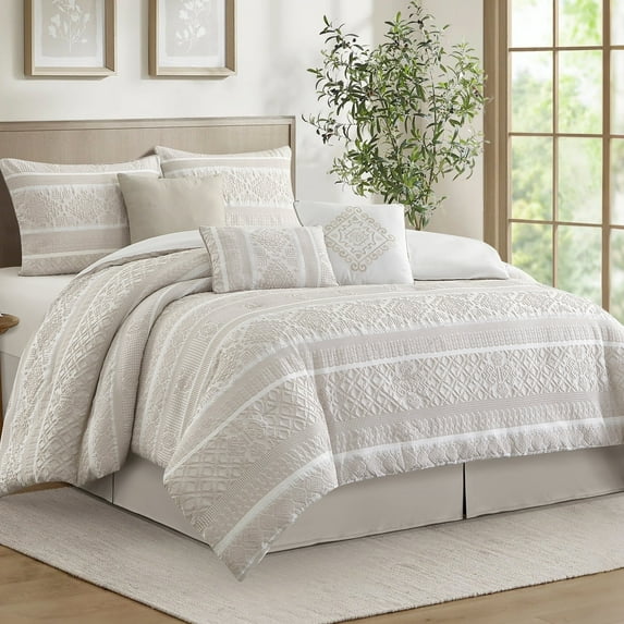 LANCO MODERN LIFESTYLE 7 Piece Queen Comforter Set, Beige, Elegant Jacquard with Patchwork, Stylish and Cozy Bedding Collection, Premium Bedding Set with Bedskirt, Shams and Pillows