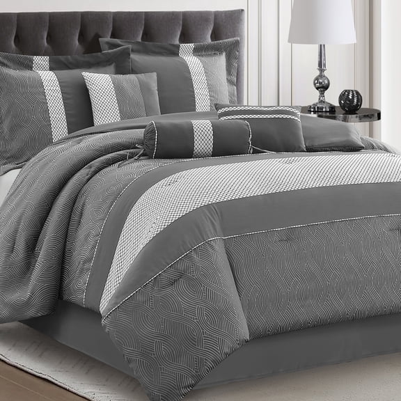 LANCO MODERN LIFESTYLE 7 Piece Queen Size Comforter Set, Grey, Jacquard with Patchwork, Soft and Cozy for All Seasons, Bed in a Bag with Comforter, Pillow Shams, Decorative Pillows and Bedskirt