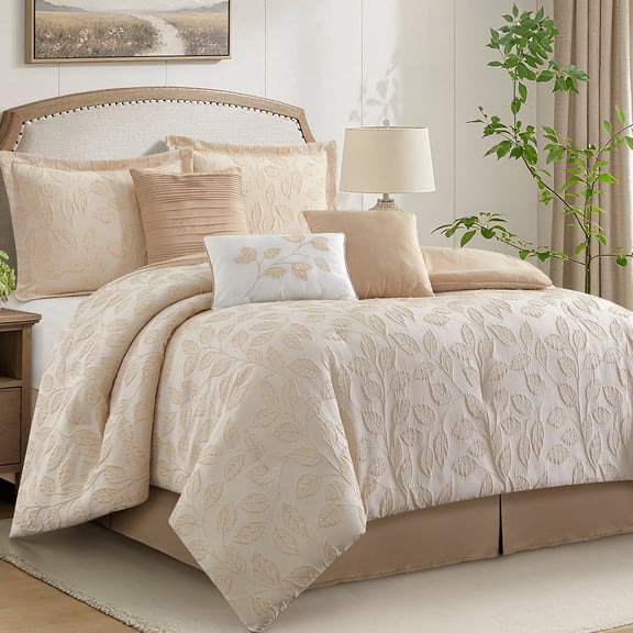 LANCO MODERN LIFESTYLE 7 Pieces Beige Gold Comforter Set, California King, Jacquard with Matching Solid Microfiber Piecework, 3D Leaves Texture Design, Includes Bed Skirt, Shams, and Decor Pillows