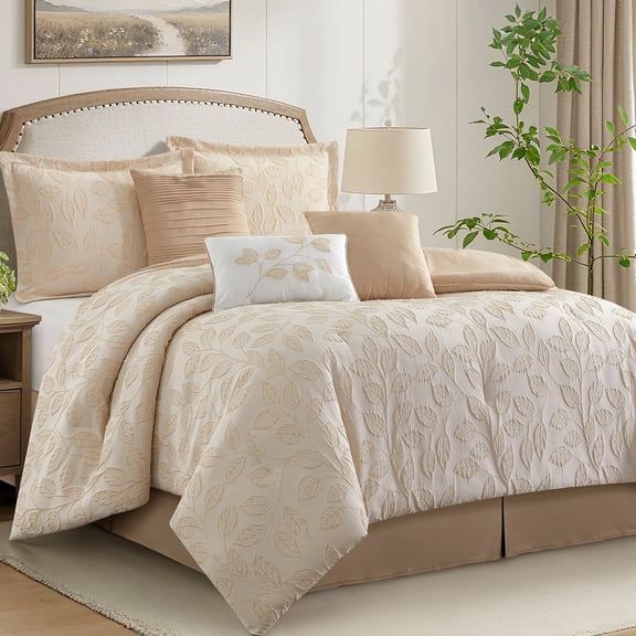 LANCO MODERN LIFESTYLE 7 Pieces Beige Gold Comforter Set, Queen Size, Jacquard with Matching Solid Microfiber Piecework, 3D Leaves Texture Design, Includes Bed Skirt, Shams, and Decorative Pillows