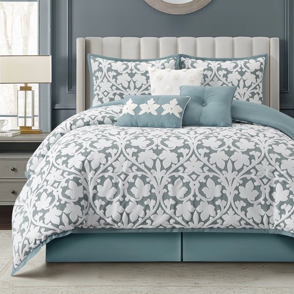 LANCO MODERN LIFESTYLE 7 Pieces Comforter Set, California King, Blue, Jacquard Floral Pattern and Classy Damask Medallion Design, Ultra Soft, Includes Bed Skirt, Shams and Decorative Pillows