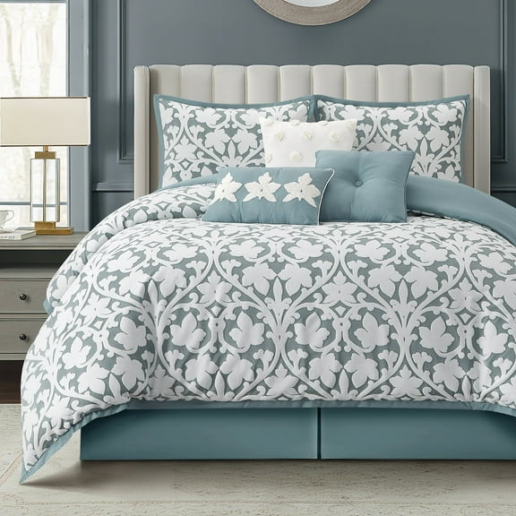 LANCO MODERN LIFESTYLE 7 Pieces Comforter Set, King, Blue, Jacquard Floral Pattern and Classy Damask Medallion Design, Ultra Soft, Includes Bed Skirt, Shams and Decorative Pillows