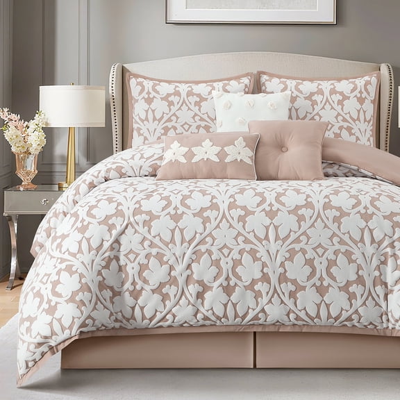 LANCO MODERN LIFESTYLE 7 Pieces Comforter Set, King, Blush, Jacquard Floral Pattern and Classy Damask Medallion Design, Ultra Soft, Includes Bed Skirt, Shams and Decorative Pillows