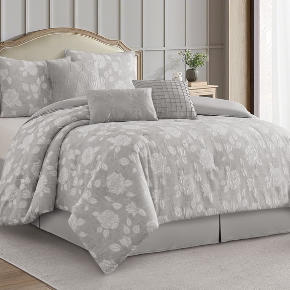 LANCO MODERN LIFESTYLE 7 Pieces Grey Comforter Set, Queen, Floral Waffle Weave, Solid Microfiber Piecework, All Seasons Bed in a Bag Includes Bed Skirt, Shams, and Decor Pillows