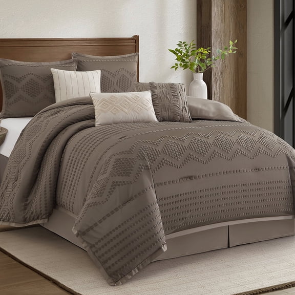 LANCO MODERN LIFESTYLE 7 Pieces King Comforter Set, Brown, Jacquard with Matching Solid Microfiber Piecework, Geometric Diamond Luxury Bedding, Includes Bed Skirt, Shams, and Decorative Pillows