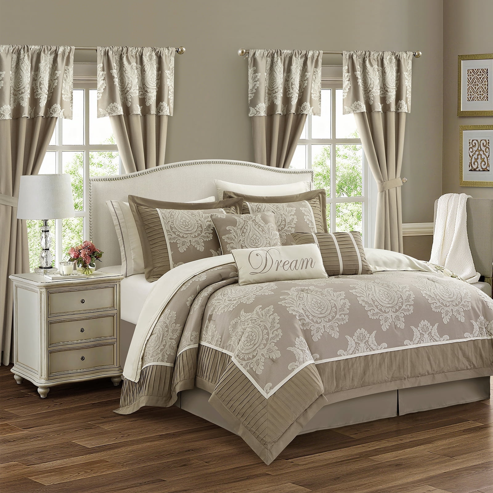 LANCO MODERN LIFESTYLE Beige Queen Comforter Set, 15 Pieces, Damask