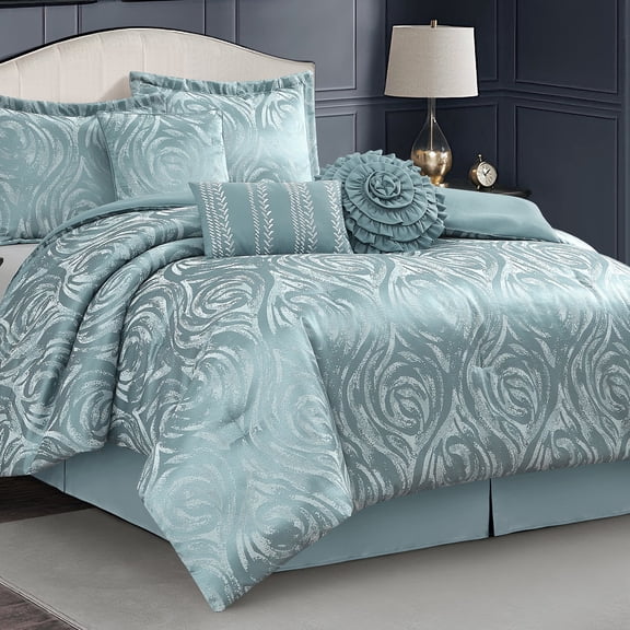 LANCO MODERN LIFESTYLE Blue 7 Piece Comforter Set, California King, Elegant Floral Jacquard, Ultra Soft Bed Set for All Seasons, Bed in a Bag with Comforter, Bed Skirt, Pillow Shams & Decor Pillows