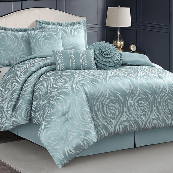 LANCO MODERN LIFESTYLE Blue 7 Piece Comforter Set, Queen, Elegant Floral Jacquard, Ultra Soft Bed Set for All Seasons, Bed in a Bag, Include Comforter, Bed Skirt, Pillow Shams & Decor Pillows