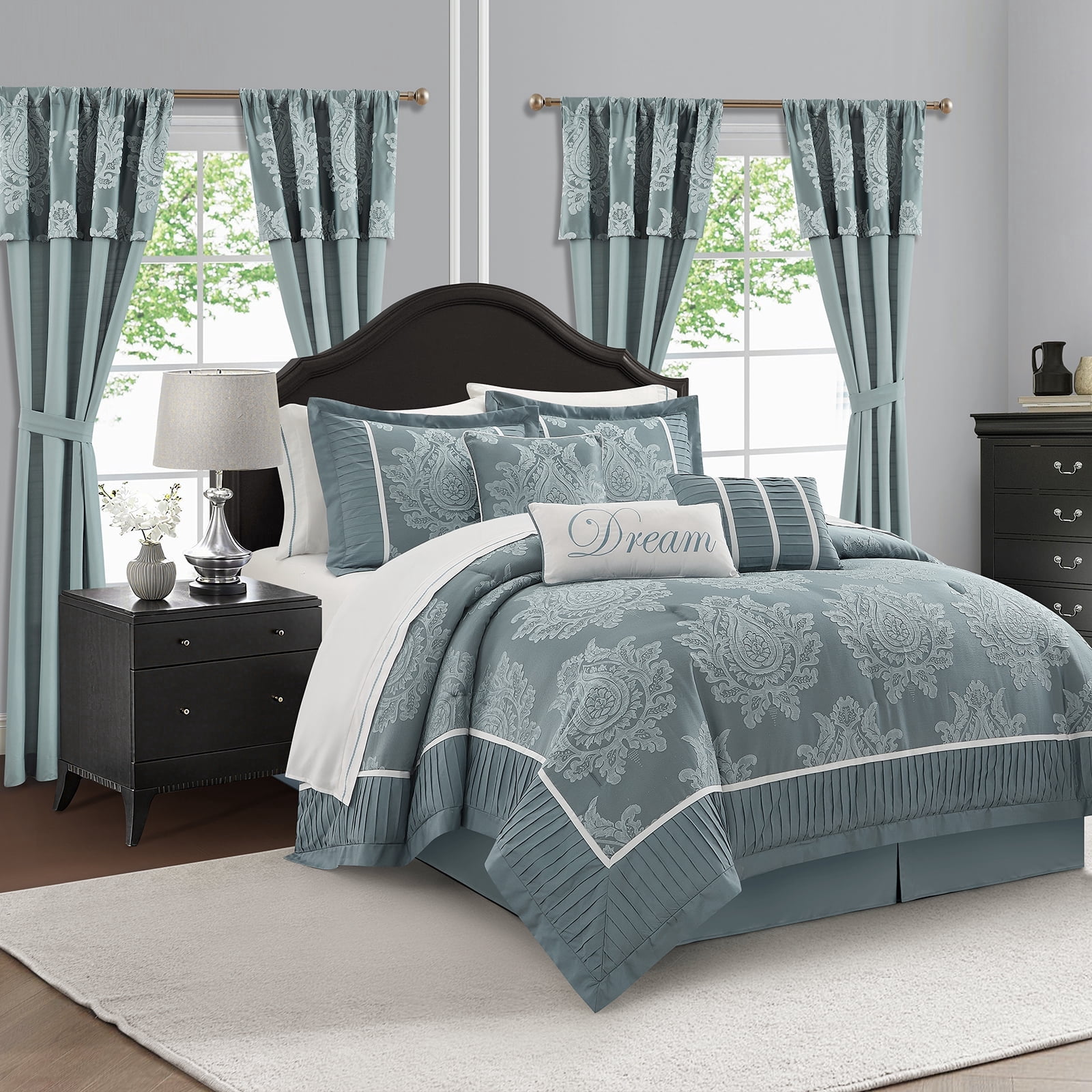 LANCO MODERN LIFESTYLE Blue King Size Comforter Set, 15 Pieces, Damask ...