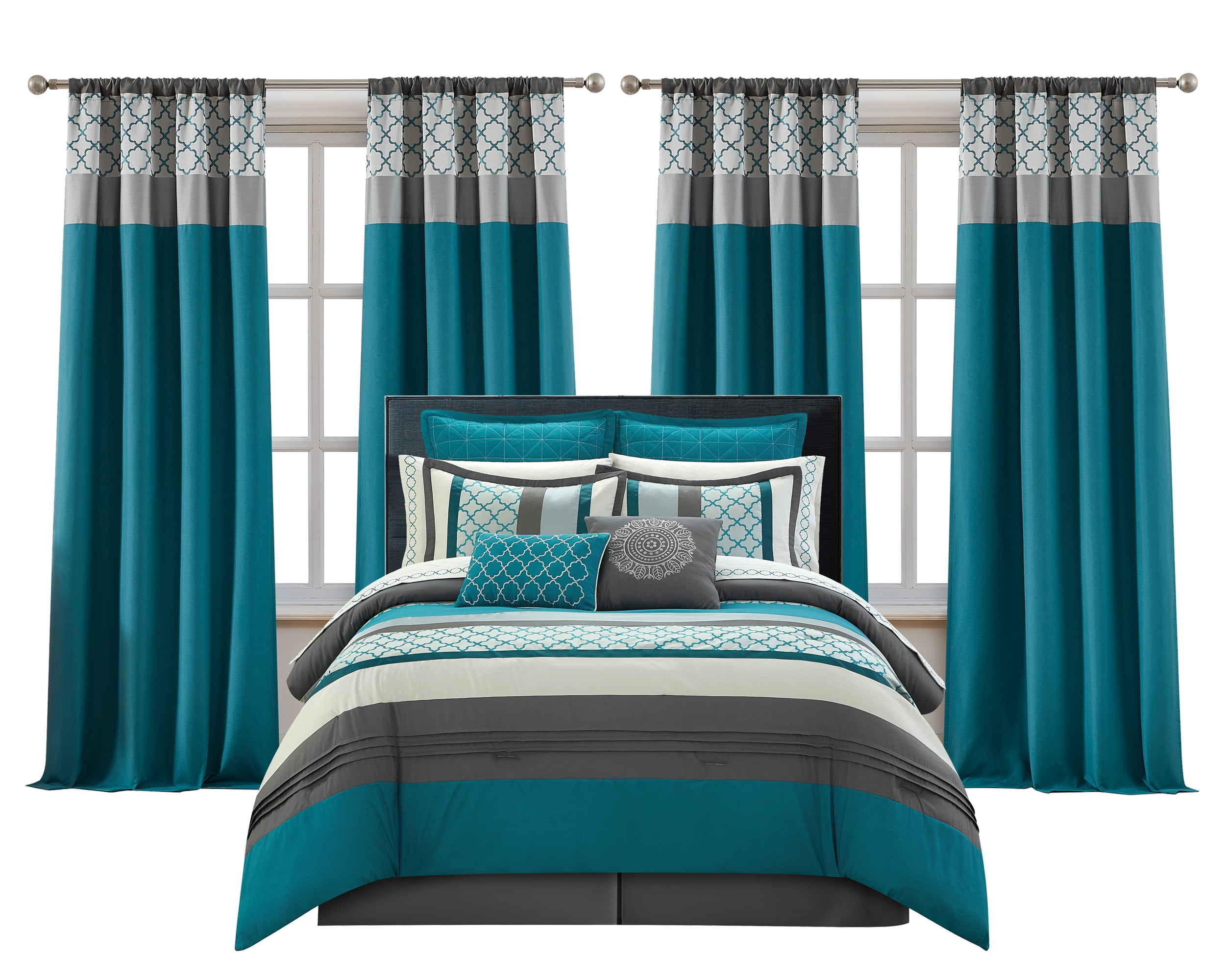 LANCO MODERN LIFESTYLE California King Comforter Set, Grey Bedding Set, Jacquard Woven with Geometry, 16 Pieces Room in a Bag, Sheets, Bedskirt, Pillow Shams and Cases, Decor Pillows and Curtains