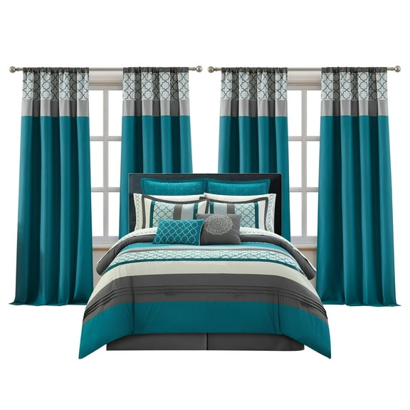 LANCO MODERN LIFESTYLE California King Comforter Set, Grey Bedding Set, Jacquard Woven with Geometry, 16 Pieces Room in a Bag, Sheets, Bedskirt, Pillow Shams and Cases, Decor Pillows and Curtains