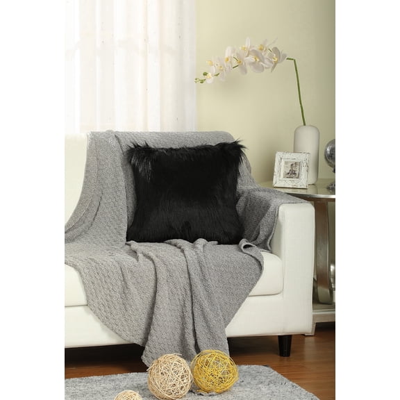 LANCO MODERN LIFESTYLE Faux Fur Fluffy Throw Pillow, Soft Shaggy Plush, Decorative, Black, 16" x 16"