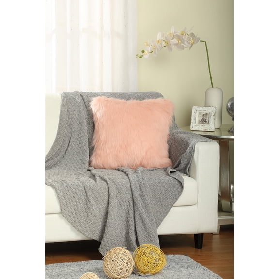 LANCO MODERN LIFESTYLE Faux Fur Fluffy Throw Pillow, Soft Shaggy Plush, Decorative, Blush, 18" x 18"