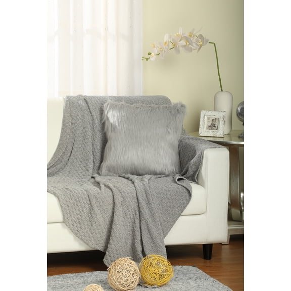 LANCO MODERN LIFESTYLE Faux Fur Fluffy Throw Pillow, Soft Shaggy Plush, Decorative, Grey, 18" x 18"