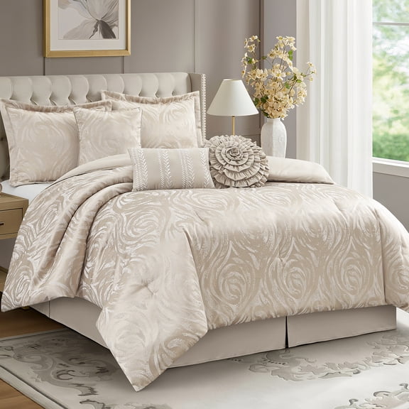 LANCO MODERN LIFESTYLE Gold 7 Piece Comforter Set, King, Elegant Floral Jacquard, Ultra Soft Bed Set for All Seasons, Bed in a Bag, Include Comforter, Bed Skirt, Pillow Shams & Decor Pillows