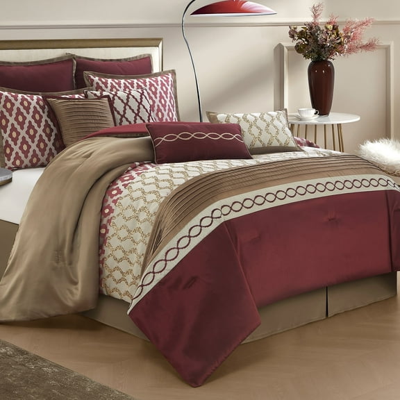 LANCO MODERN LIFESTYLE King Size Comforter Set, Burgundy, 10 Piece Bed in a Bag for All Seasons, Luxury Extreme Comfort Bedding Sets with Bedskirt, Pillow Shams, Euro Shams and Decor Pillows