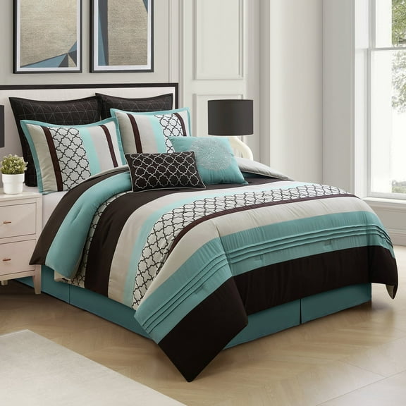 LANCO MODERN LIFESTYLE Queen Comforter Set, Aqua Brown Bedding Set, Jacquard Woven with Geometry, 8 Pieces Bed in a Bag, Bed Skirt, Shams and Decorative Pillows