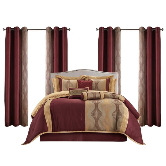LANCO MODERN LIFESTYLE Queen Comforter Set, Wine Gold, 15 Pieces Room in a Bag, Jacquard with Patchwork, Luxury Bed Set with Sheets, Curtains, Bed Skirt, Pillow Shams, Cases and Pillows
