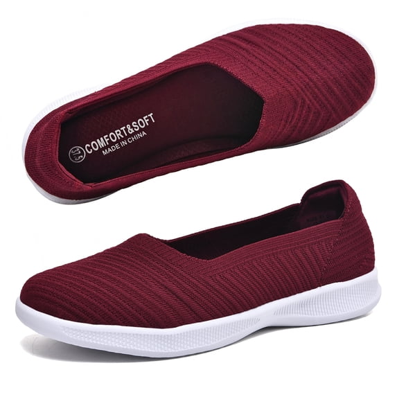 LANCROP Women's Knit Slip-On Ballet Flats, Round Toe Lightweight Non-Slip Office Walking Shoes