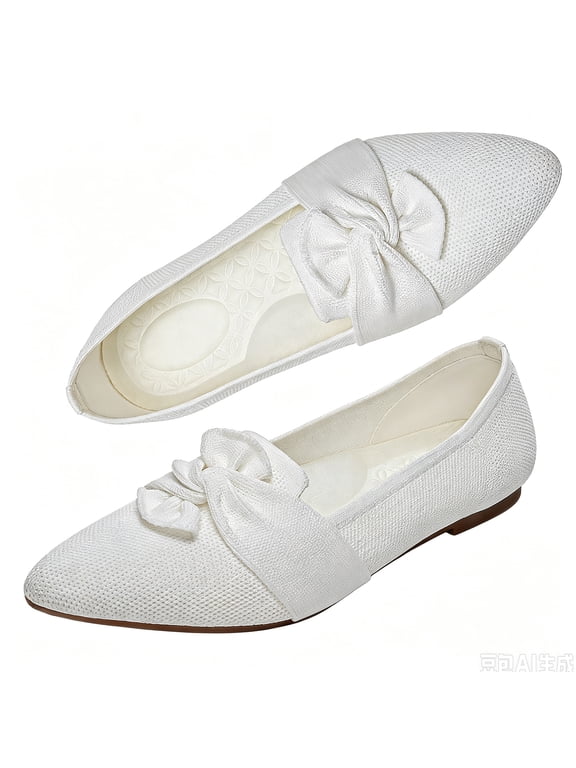 Women's Pointed Toe Mesh White Ballet Flats Low Heel Wedding Flats Shoes with Bow