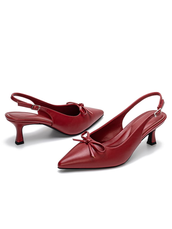 Women Pointed Toe Bowknot Slingback Heels Comfort Leather Pumps Party Office Dress Shoes