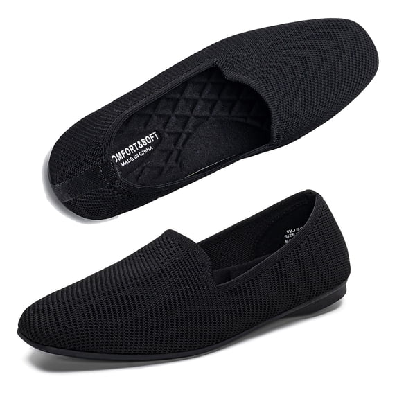 LANCROP Women Square Toe Flats Glueless Loafers Foldable Knit Ballet Flats Black Slip On Shoes