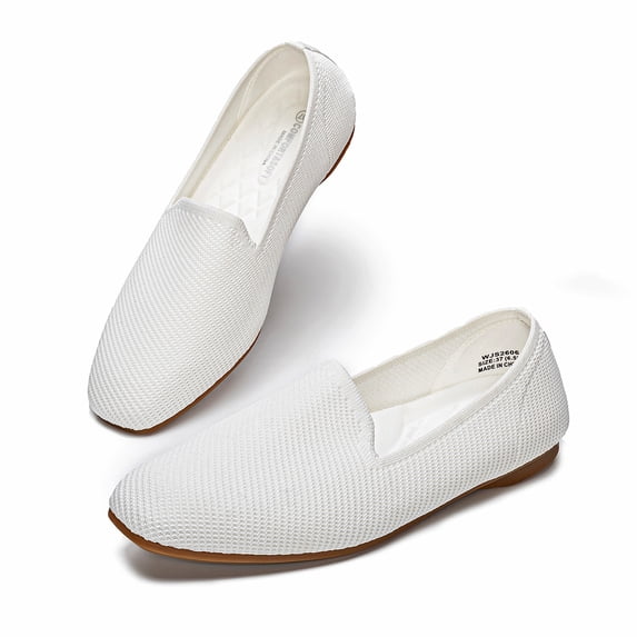 LANCROP Women Square Toe Flats Glueless Loafers Foldable Knit Ballet Flats White Slip On Shoes
