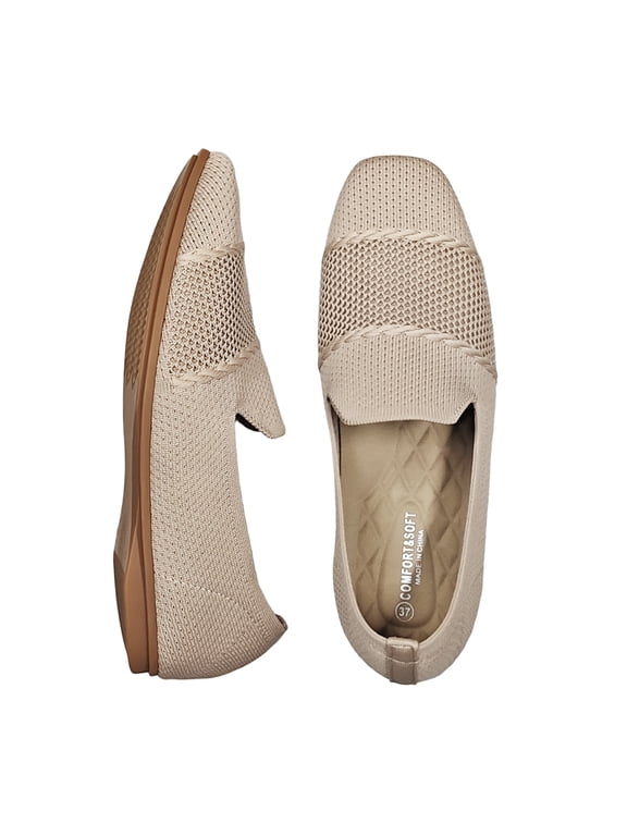 Women's Square Toe Knit Loafers, Breathable Slip-On Flats, Lightweight Arch Support Casual Walking Shoes