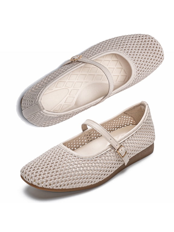Women's Square Toe Mesh Mary Jane Flats Lightweight Soft Flats Buckle Strap Shoes