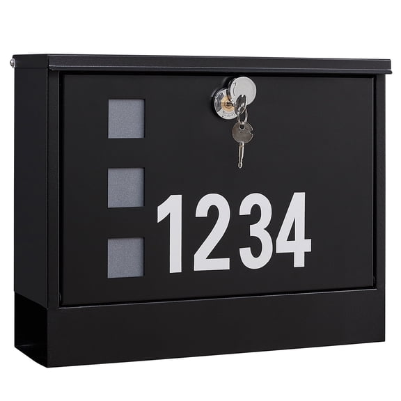 Locking Mailbox Wall Mounted, Metal Postbox with Three Sets of Mail Box Number Stickers, 4 Keys, 14.4" x 4.5" x 11.2", Large Capacity, Black, AMB11B