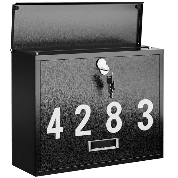 Locking Wall-Mount Mailbox for Outside, with 4 Keys, Galvanized Steel Rustproof Metal Postbox, 4" Dx13.8 Wx11.2 H, Includes 3 Sets of Mailbox Numbers, Nameplate, Black, AMB33B