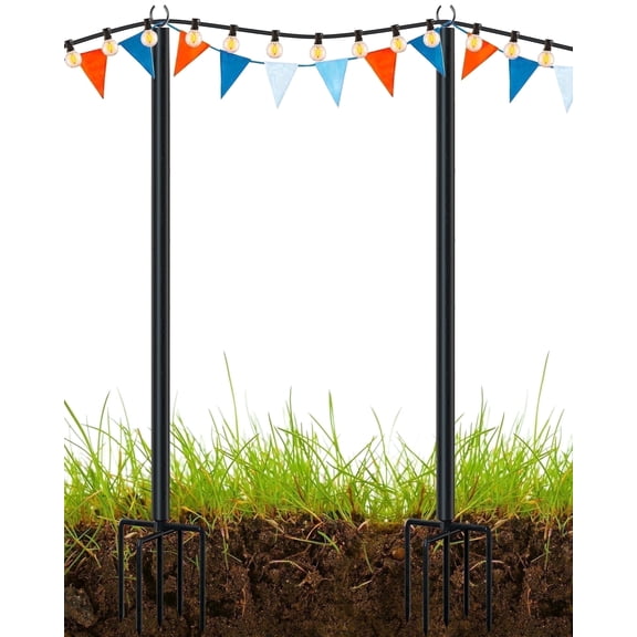 Metal String Light Poles for Outside Hanging - Backyard, Garden, Patio, 2 Pack Lighting Stand with Adjustable Height for Outdoor Parties, Wedding, Extra-Long 5-Prong Claws, (10FT) FLP02B