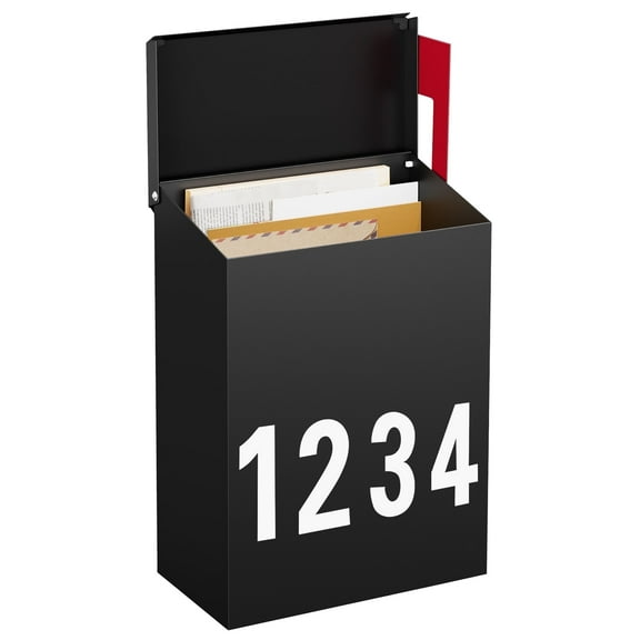 Wall-Mount Mailbox with One Flag Kit and Three Sets of 0-9 Mailbox Number Stickers, Mailboxes for Outside, Galvanized Steel Rust-Proof Metal Post Box, 3.9"D x 7.1"W x 10.24"H Black AMB05B