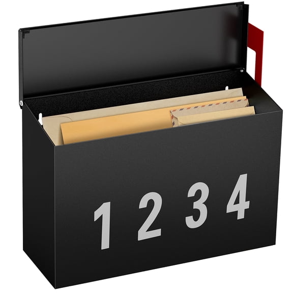Wall-Mount Mailbox with One Flag Kit and Three Sets of 0-9 Mailbox Number Stickers, Mailboxes for Outside, Galvanized Steel Rust-Proof Metal Post Box, 4.33" Dx14.2" Wx10.43" H, Black AMB03B