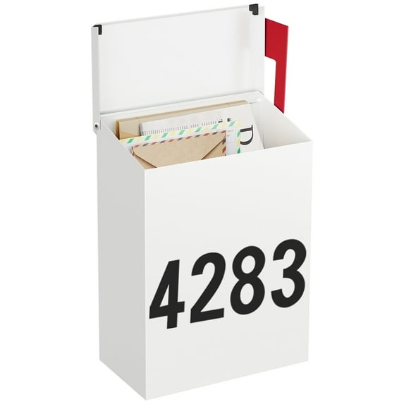 Wall-Mount Mailbox with One Flag Kit and Three Sets of 0-9 Mailbox Number Stickers, Mailboxes for Outside, Galvanized Steel Rust-Proof Metal Post Box, 7.1"x3.9"x10.24", Textured White AMB05W