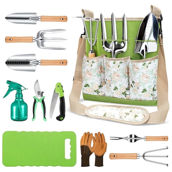 LANDLIT 11-Piece Garden Tools Set, Heavy Duty Stainless Steel Garden Hand Tools with Floral Canvas Shoulder Crossbody Bag, Rust-Proof Gardening Supplies Kit Ideal Garden Gifts for Women (Green)