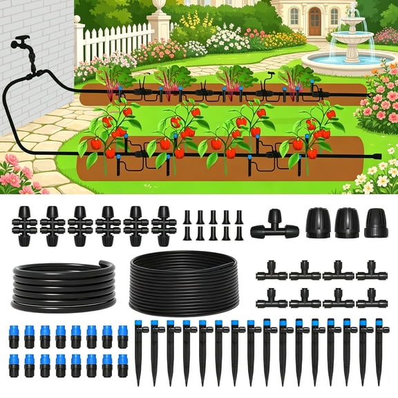 LANDLIT 230 FT Drip Irrigation System Kit, Garden Watering System with Quick-to-Connect Fittings, 1/2”Hose& 1/4”Distribution Tubing, Adjustable Drip Emitters for Raised Garden Beds, Greenhouse, Lawn