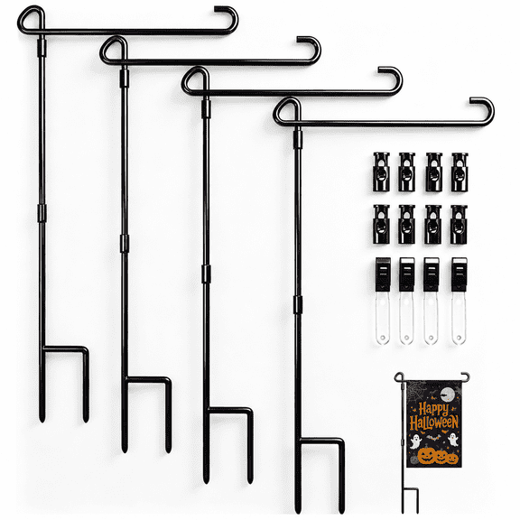 LANDLIT 4 Pack Garden Flag Pole Stand Holder, Metal Powder-Coated Weather-Proof Garden Flags for Outside with Flag Stopper and Clip, Flag Pole Holder for Outside House Yard - Holds 12x18 Inch Flags