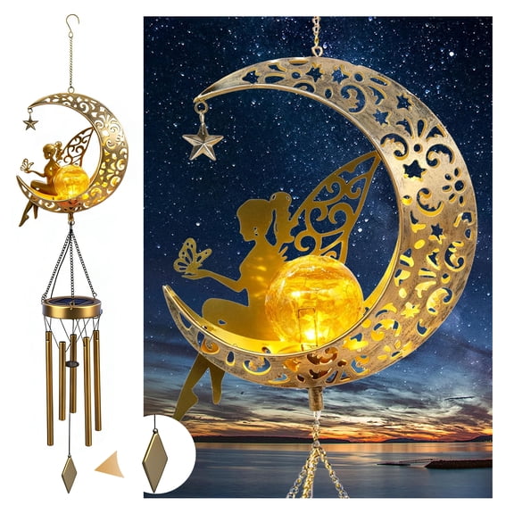 LANDLIT Moon Fairy Solar Wind Chimes for Outside - 47-Inch Crackle Glass Ball LED Wind Chime with Warm Light - Hanging Memorial Garden Decor for Patio, Yard, Porch - Solar Powered Fairy Gift for Mom