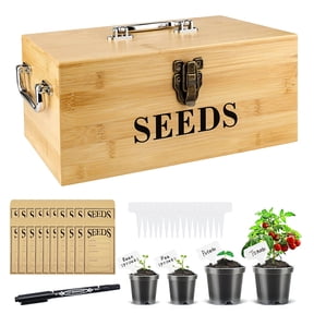 LANDLIT Wood Seed Storage Organizer Box, Seed Packet Storage Organizer with Lock and 3 Handles, 30P Plant Labels, 30P Seeding Envelopes Bag