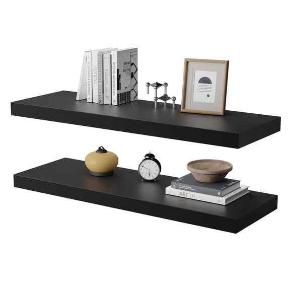LANDMOK 10 Inch Deep Floating Shelf, 30 x10 Inch Large Wall Mounted Shelf for Kitchen, Bathroom, Living Room, Black (2 Pack)