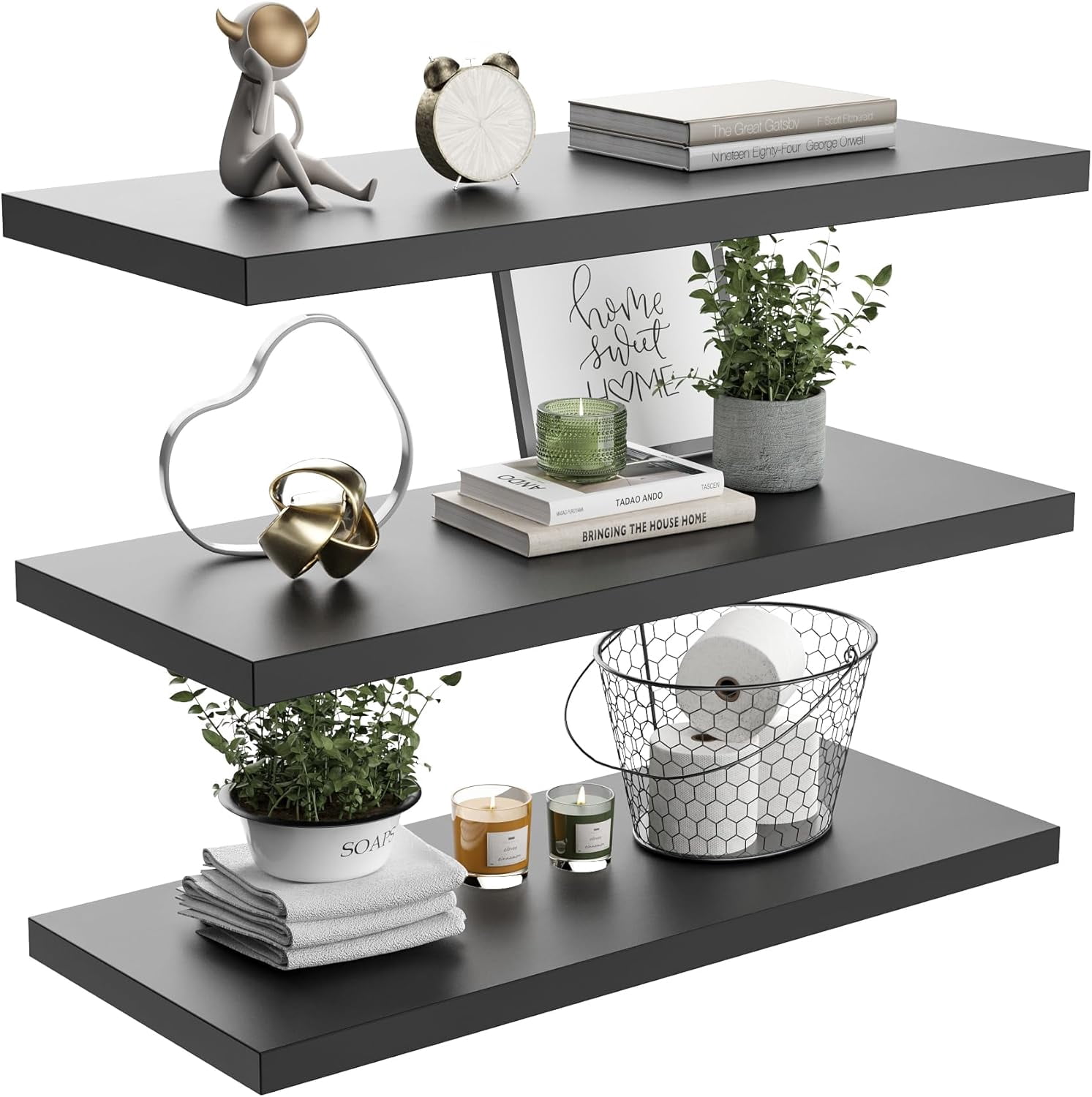 LANDMOK 10 Inch Deep Floating Shelf, 30 x10 Inch Large Wall Mounted Shelf for Kitchen, Bathroom, Living Room, Black (3 Pack)