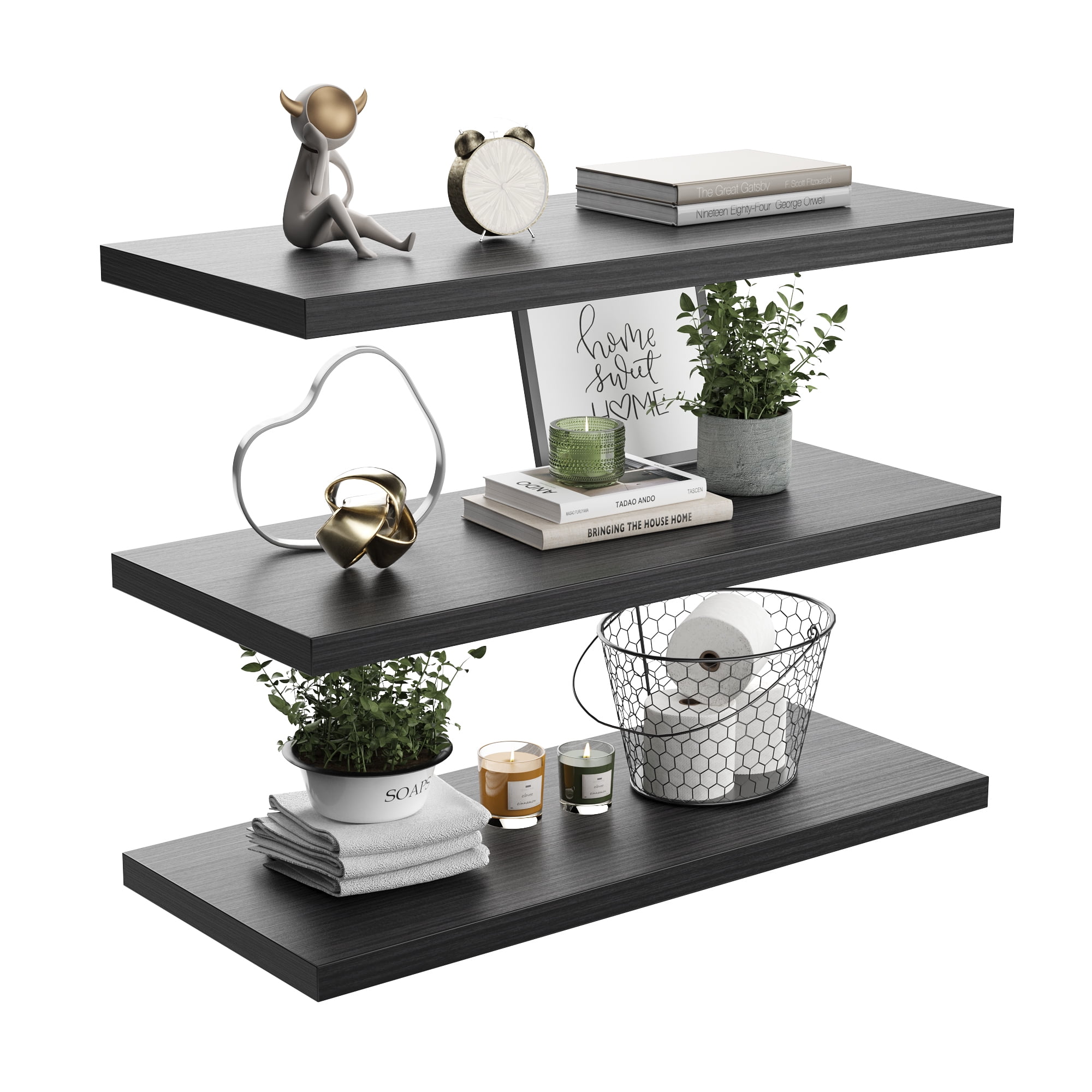 LANDMOK 10 Inch Deep Floating Shelf, 36 x10 Inch Large Wall Mounted Shelf for Kitchen, Bathroom, Living Room, Black Wood (3 Pack)