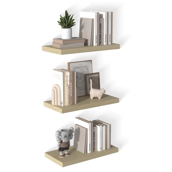 LANDMOK 12 Inch Deep Floating Shelf, 24 x12 Inch Large Wall Mounted Shelf for Kitchen, Bathroom, Living Room, Oak (3 Pack)