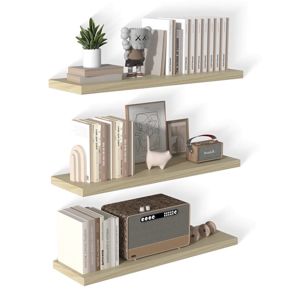 LANDMOK 12 Inch Deep Floating Shelf, 40 x12 Inch Large Wall Mounted Shelf for Kitchen, Bathroom, Living Room, Oak (3 Pack)