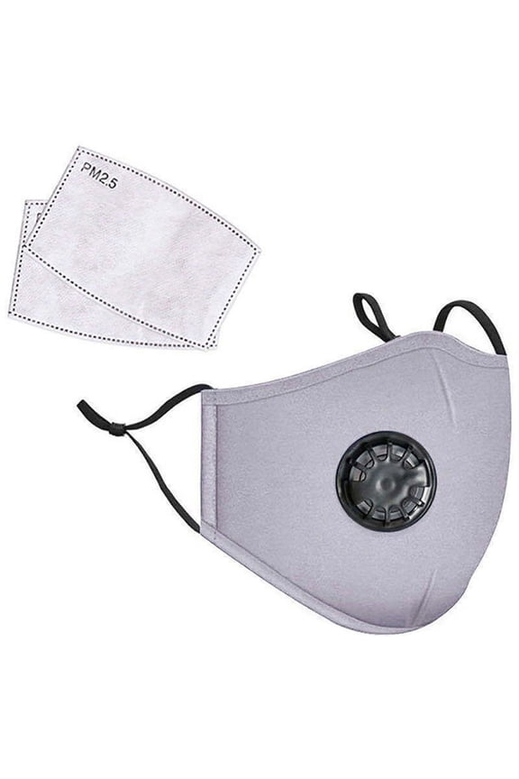 Reusable Fabric Face Mask with PM2.5 Filters & External Valve (Adults, Gray)