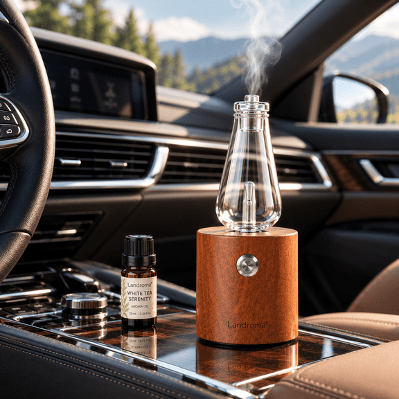 LANDROMA Nebulizing Car Aroma Diffuser, Waterless Essential Oil Diffuser with Real Wood Base & Glass Oil Bottle, Cold-Air Diffusion, USB-C Powered & Rechargeable Options for Car Cup Holder