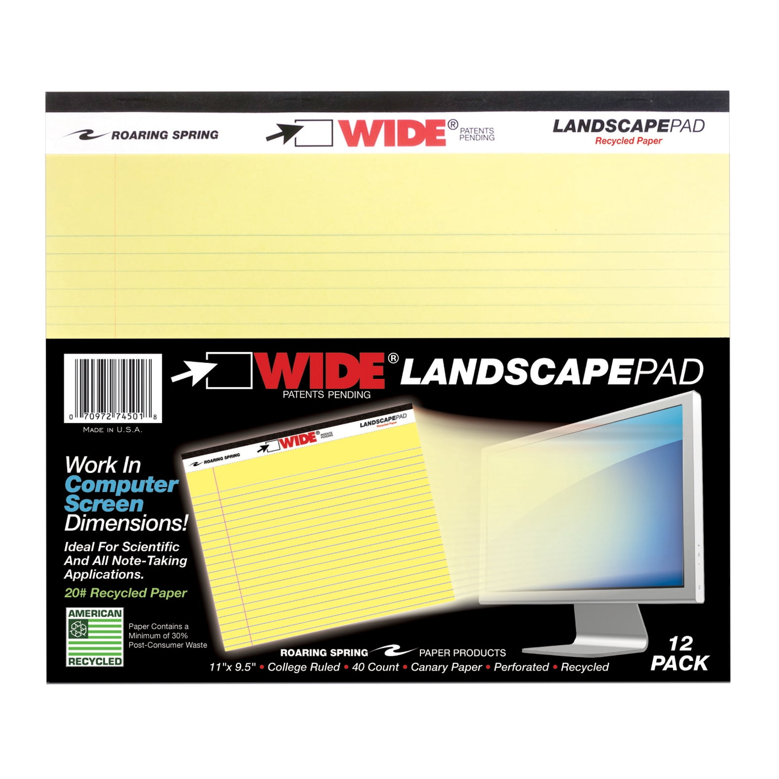 ROARING SPRING PAPER PRODUCTS LANDSCAPE PAD CANARY 11"x9.5" COLLEGE RULED WITH MARGIN