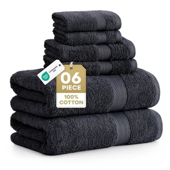 LANE LINEN 6 Pc 100% Cotton Bath Towel Set - Value Starter Set, Cozy Handfeel & Durable Basics - Black